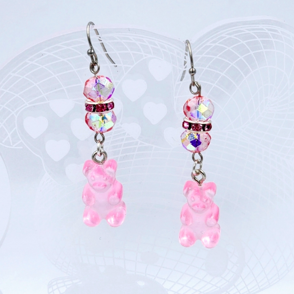 Pink Gummy Bears Crystals & Rhinestones Dangle Earrings Handmade
